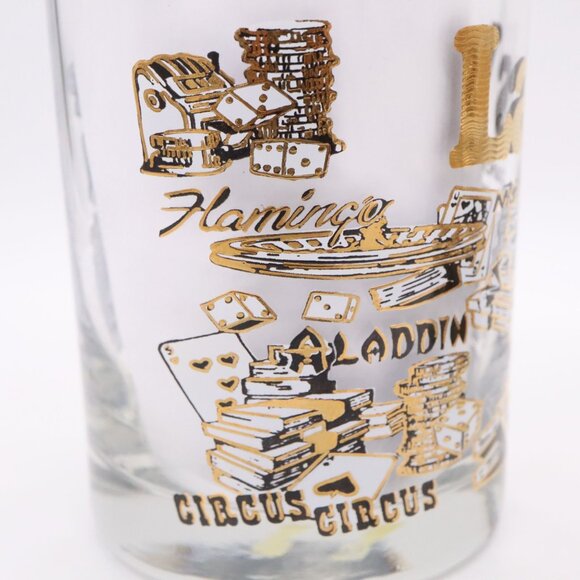 Set of 2 Las Vegas Casinos Rocks Lowball Glasses Vtg Gold Tone Mirage & More - Picture 2 of 5
